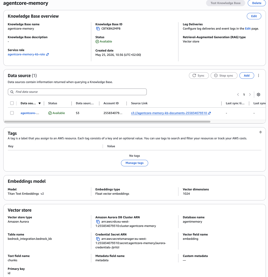 Bedrock Knowledge Base Console